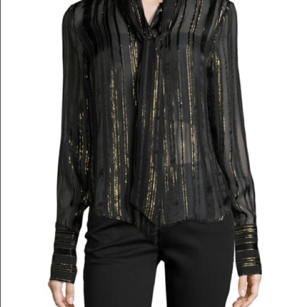 Frame tie-neck metallic stripe blouse